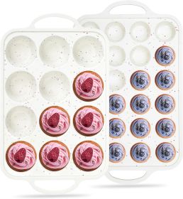 Regular 12 Cup and Mini 24 Cup Nonstick Cupcake Pan Set Silicone Muffin Pan for Baking Silicone Cupcake Mold with Metal Reinforced Frame BPA Free (2 P